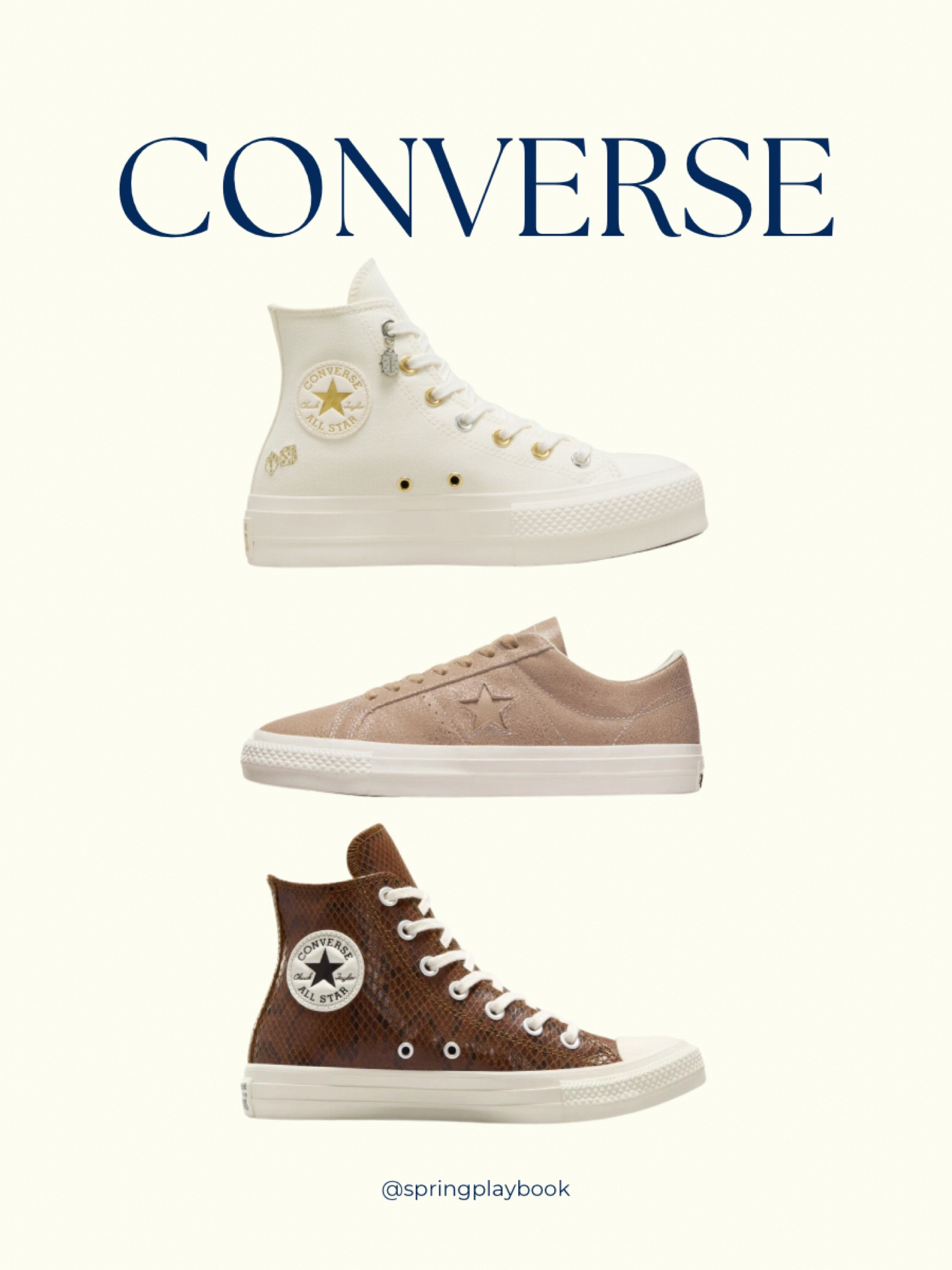 New Converse! Platform cream with mixed metals & lucky charms. Celebrate the Year of the Snake with Beige suede snake for Light Springs. And brown snake hightops!

#createdcolorful #createdcolorfulspring #hocspring #tcispring #pcaspring #lightspring #warmspring #truespring #brightspring #clearspring #paintboxspring #bluespring

#LTKGiftGuide #LTKShoeCrush #LTKSaleAlert