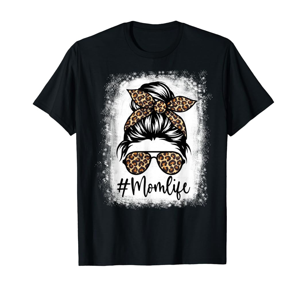Women Mom Life Bleached Shirt Mom Life Leopard Messy Bun T-Shirt | Amazon (US)