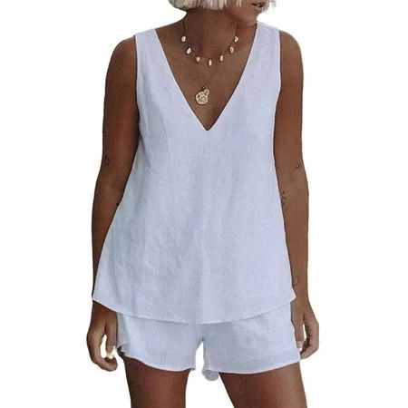 UKAP Women 2 Piece Short Set Linen Cotton Summer Comfy Tank Tops and Shorts Lightweight Breathable H | Walmart (US)