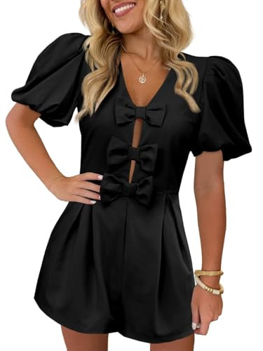 Cicy Bell Womens Cute Rompers Bow Front Puff Sleeve V Neck Short Jumpsuits Sexy Summer Outfits with Pockets | Amazon (US)