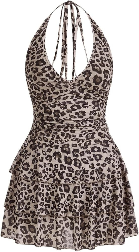 Women's Y2K Leopard Print Halter Dress Sexy Ruched Tie Backless Tiered Layer Mini Dresses Cheetah... | Amazon (US)