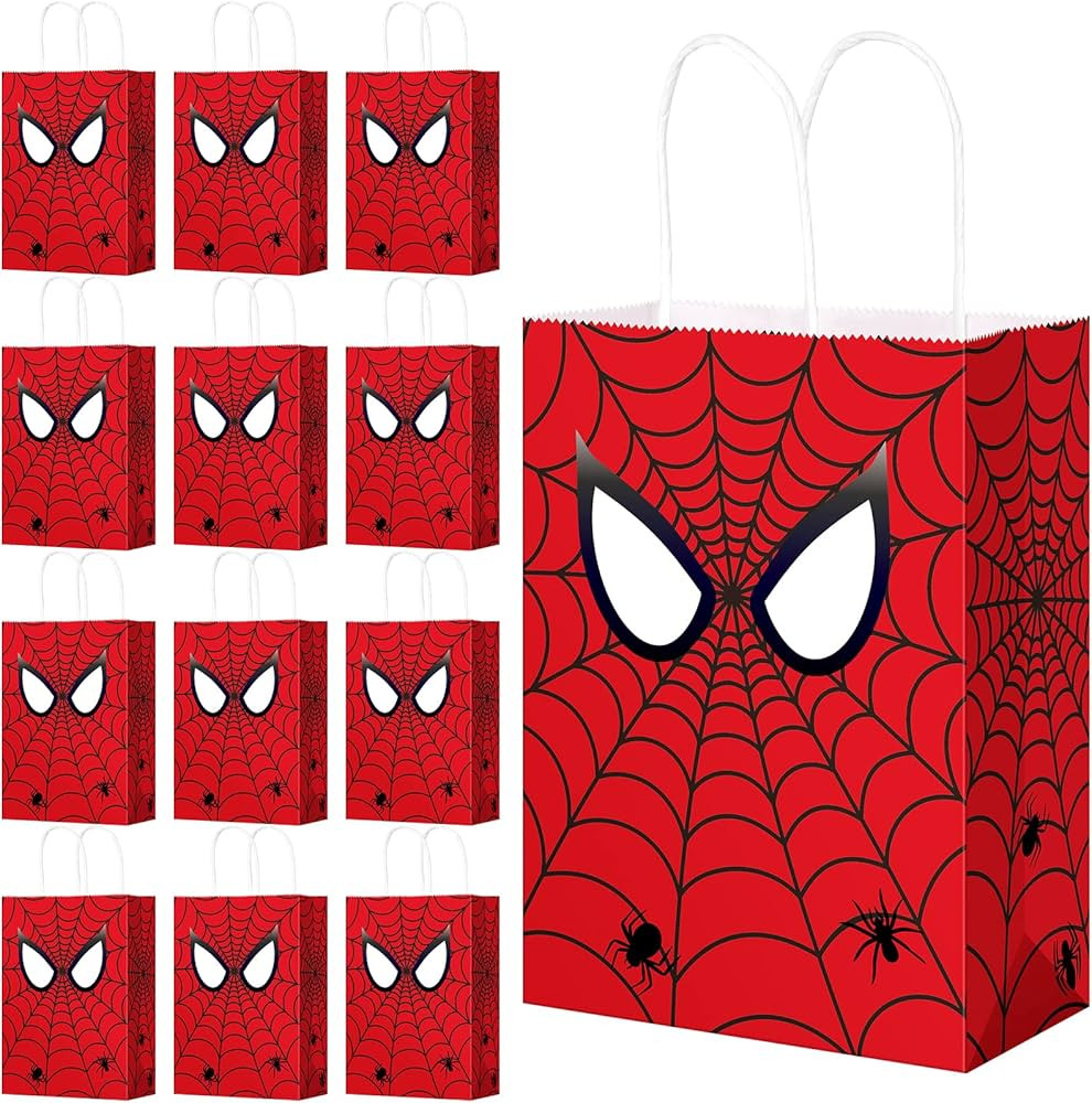 16 Pcs Hero Party Treat Bags with Handles,Large Thick Kraft Double Sided Spider Web Printed Durab... | Amazon (US)