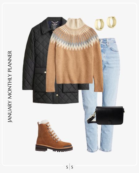 Monthly outfit planner: JANUARY: Winter looks | quilted jacket, fair isle sweater, straight jean, lace up lug boot, crossbody, gold hoops 

See the entire calendar on thesarahstories.com ✨ 

#LTKstyletip