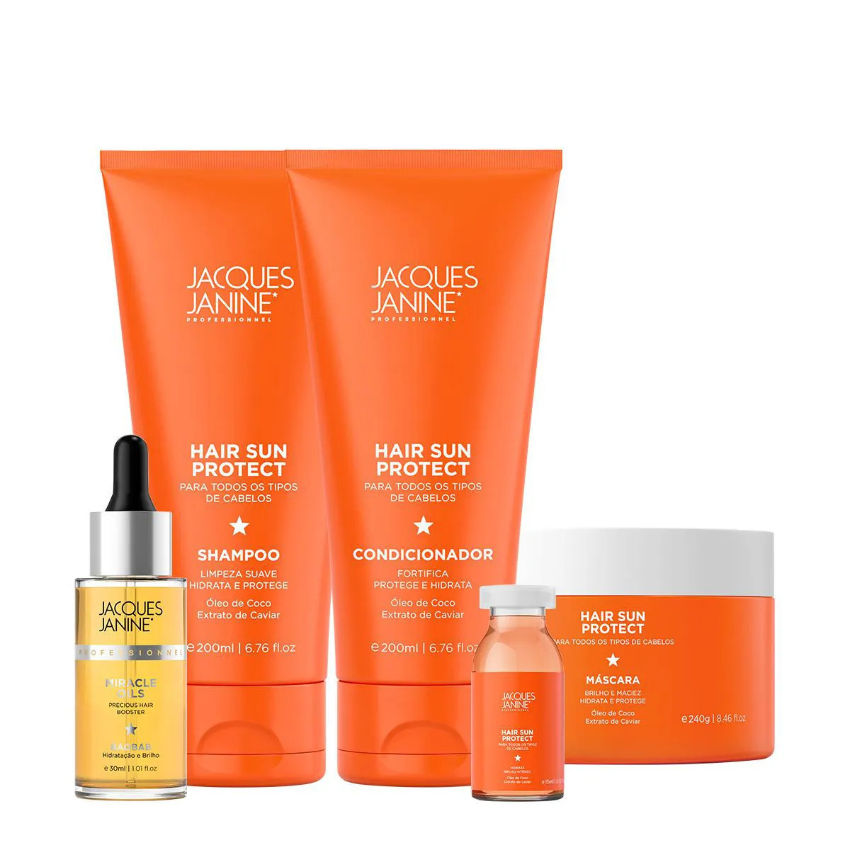 Kit Jacques Janine Hair Sun Protect Shampoo Condicionador Máscara Ampola E Miracle Oils Baobab (5 Produtos) | DrogaRaia (BR)
