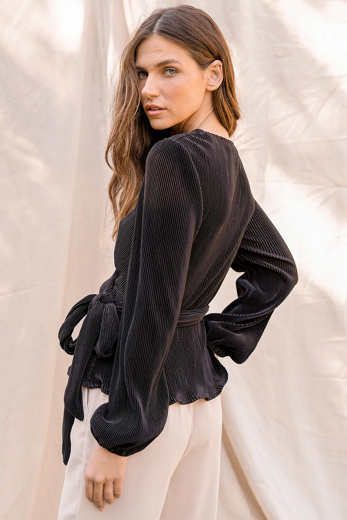 Chic Encounter Black Pleated Long Sleeve Wrap Top | Lulus (US)