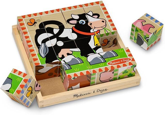 Melissa & Doug Farm Wooden Cube Puzzle With Storage Tray - 6 Puzzles in 1 (16 pcs) - Toddler Anim... | Amazon (US)