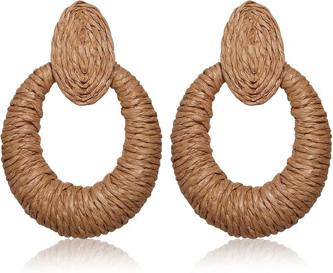 Rattan Earrings for Women Raffia Hoop Earrings Handmade Boho Raffia Dangle Earrings Straw Wicker ... | Amazon (US)