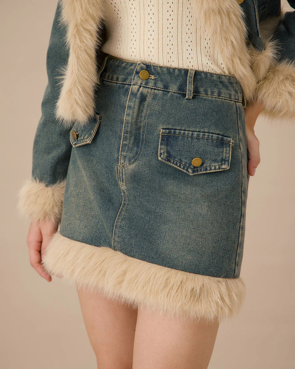 Blue Fur Trim A-Line Mini Skirt | rihoas.com