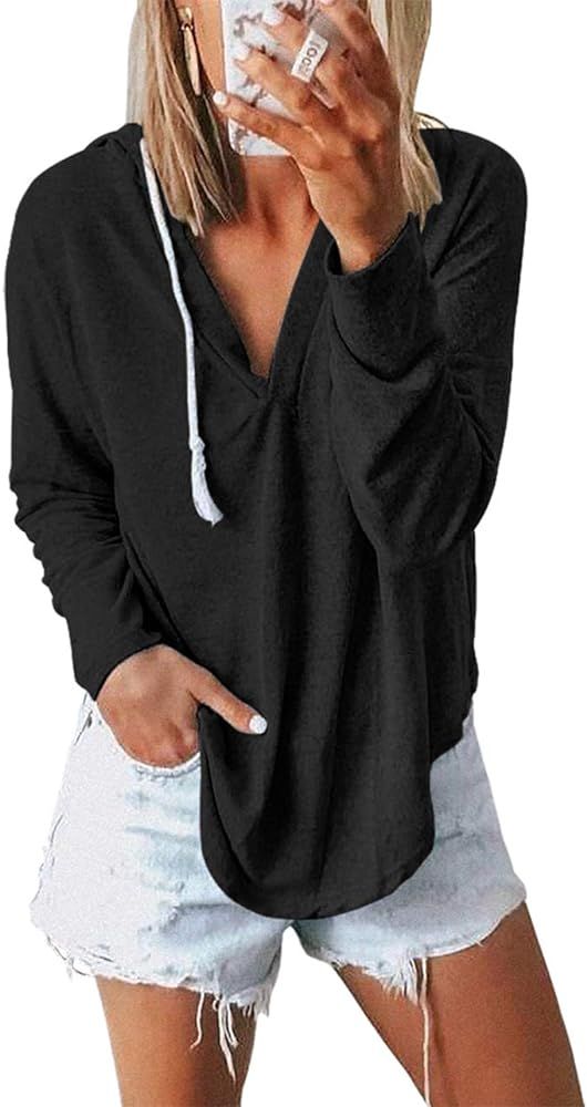 KIRUNDO 2021 Women’s Deep V Neck Hoodie Long Sleeves Solid Color Drawstring Belt Sweatshirt Loo... | Amazon (US)