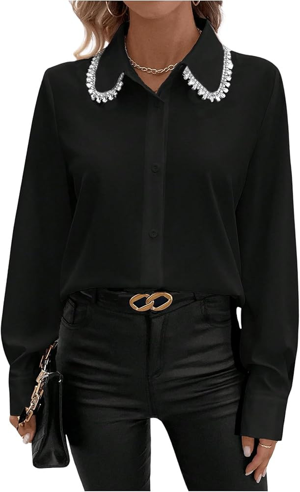 SweatyRocks Women's Long Sleeve Button Down Blouses Rhinestone Decor Work Tops | Amazon (US)