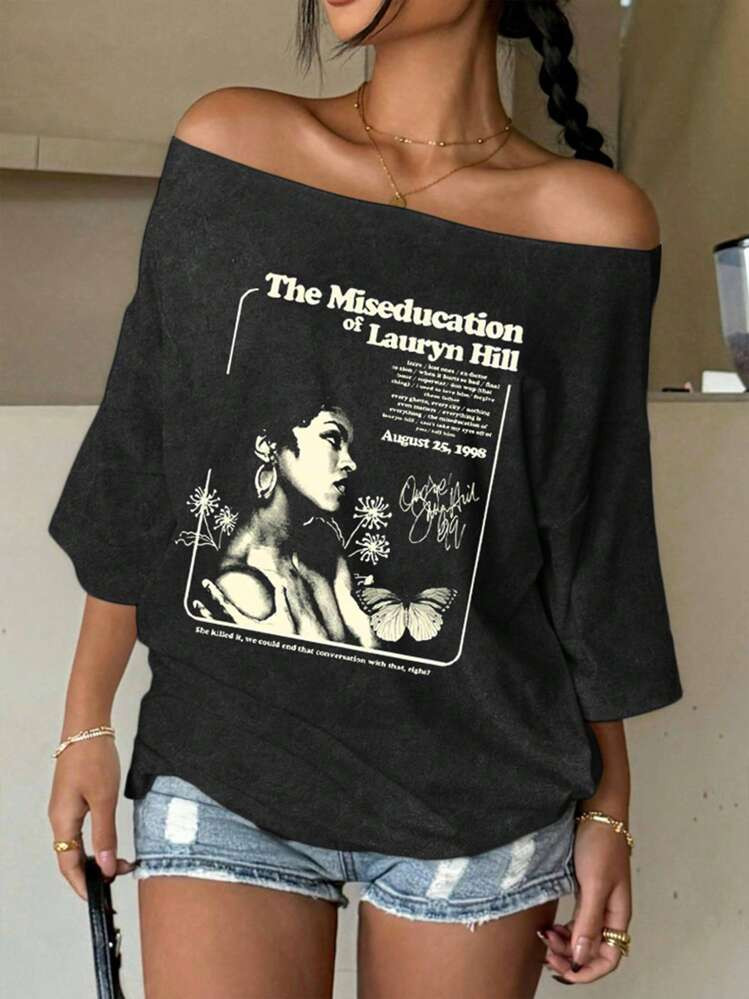 INAWLY Women's Summer Slogan & Graphic Off-Shoulder Relaxed Fit T-Shirt | SHEIN