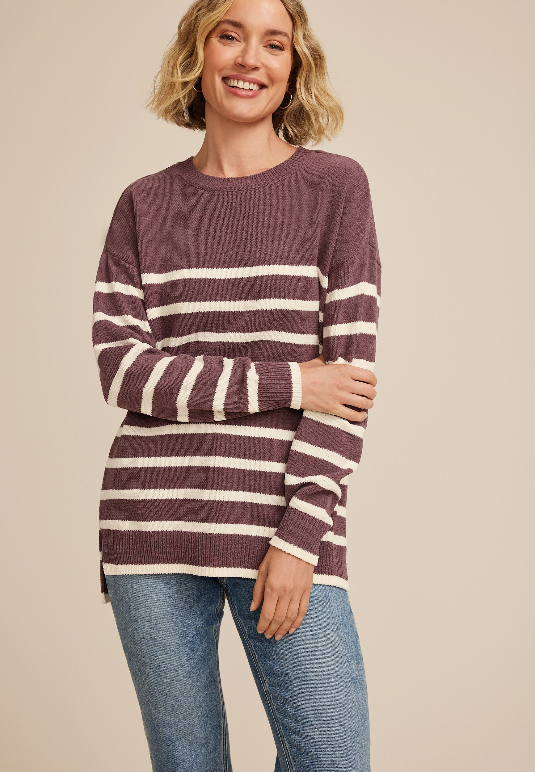 Maurices Women's Matte Chenille Striped Tunic Sweater Purple Size X Large | Maurices