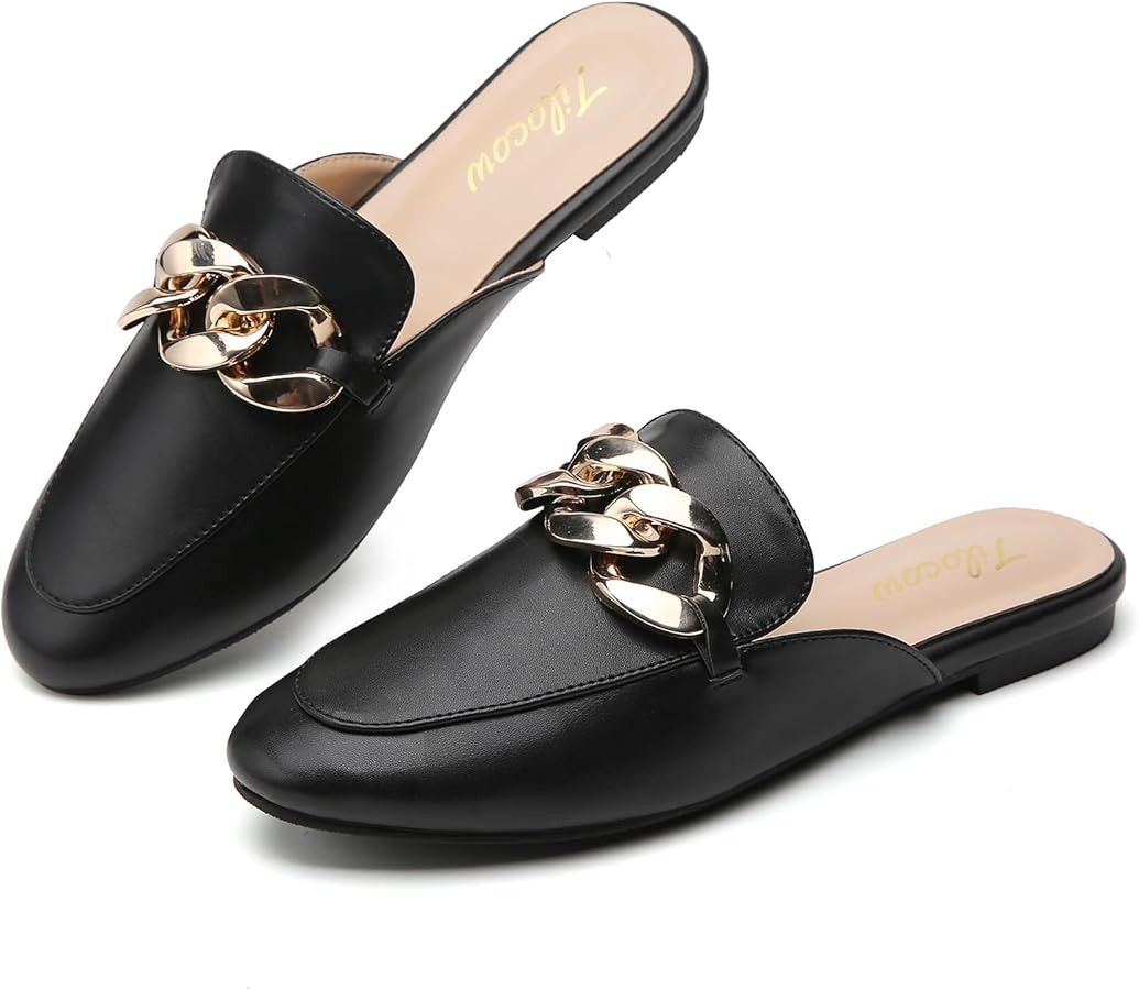 Tilocow Metal Chain Decor Flat Mules for Women Closed Round Toe Slip on Loafers Slides Backless M... | Amazon (US)