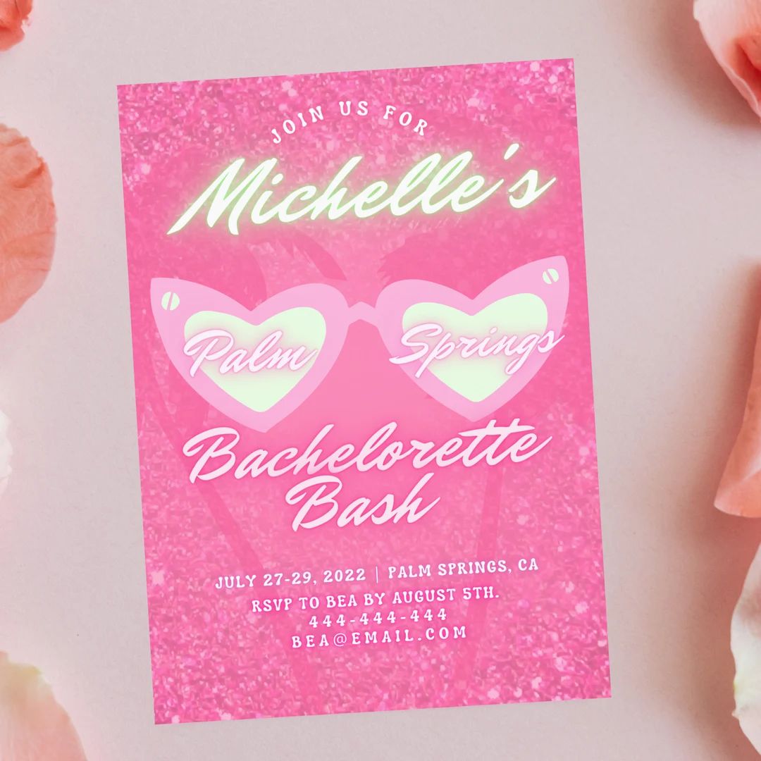 Palm Springs Pink Bachelorette Party Printable Invite, Sparkle Glitter Neon Text Bachelorette Inv... | Etsy (US)