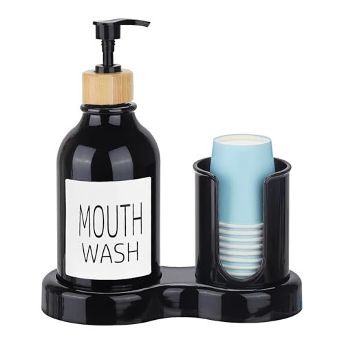 Mouthwash Dispenser for Bathroom, 16oz Plastic Mouthwash Dispenser with Cup Holder and Tray Mouth Wash Bottle Container - Black | Amazon (US)