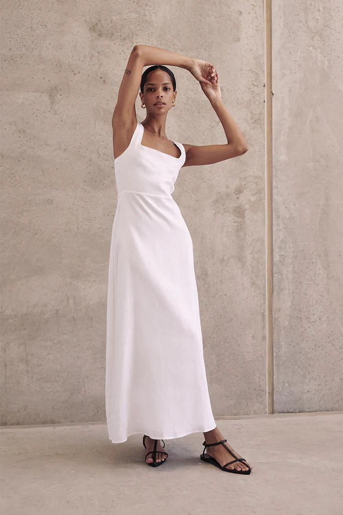 SHANNON WHITE LINEN MIDI DRESS | DISSH