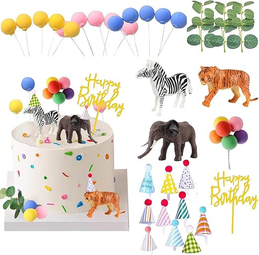 Safari Animal Cake Toppers with Mini Birthday Party Hat Color Balls Cake Decorations for Jungle W... | Amazon (US)