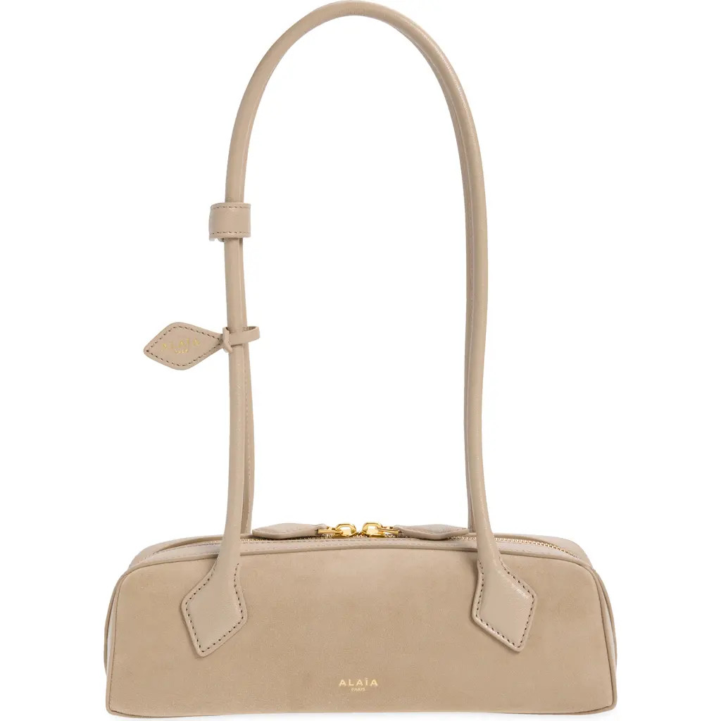 Alaïa Small Le Teckel Suede East/West Shoulder Bag in Grege-824 at Nordstrom | Nordstrom