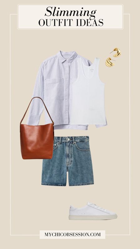 Style a layered summer outfit with a boxy Oxford shirt from Everlane, a white tank, and high-waisted denim shorts. Accessorize with a leather bucket bag, gold earrings, and white sneakers.

#LTKSeasonal #LTKStyleTip