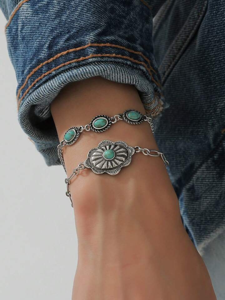 2pcs/Set Western Style Turquoise Bracelets | SHEIN