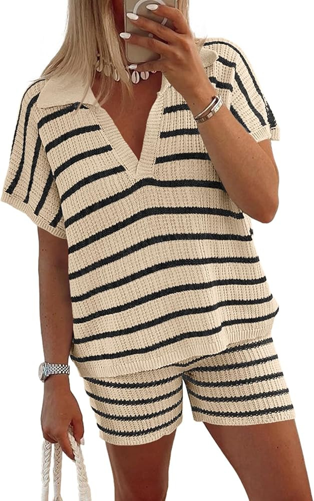 Tankaneo Womens 2 Piece Outfits Striped Knit Summer Sets V Neck Short Sleeve Tops and Shorts Loun... | Amazon (US)