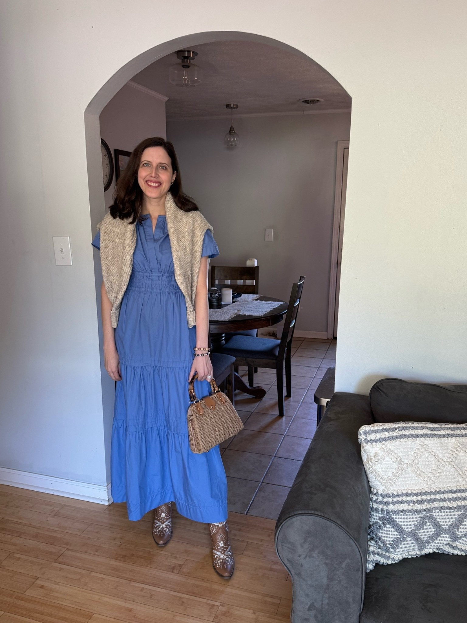 Embroidered cowboy boots blue maxi dress raffia bag 🩵

Summer dresses 
Spring outfit 2026
Summer outfits

#LTKgrwm #LTKootd #LTKSeasonal