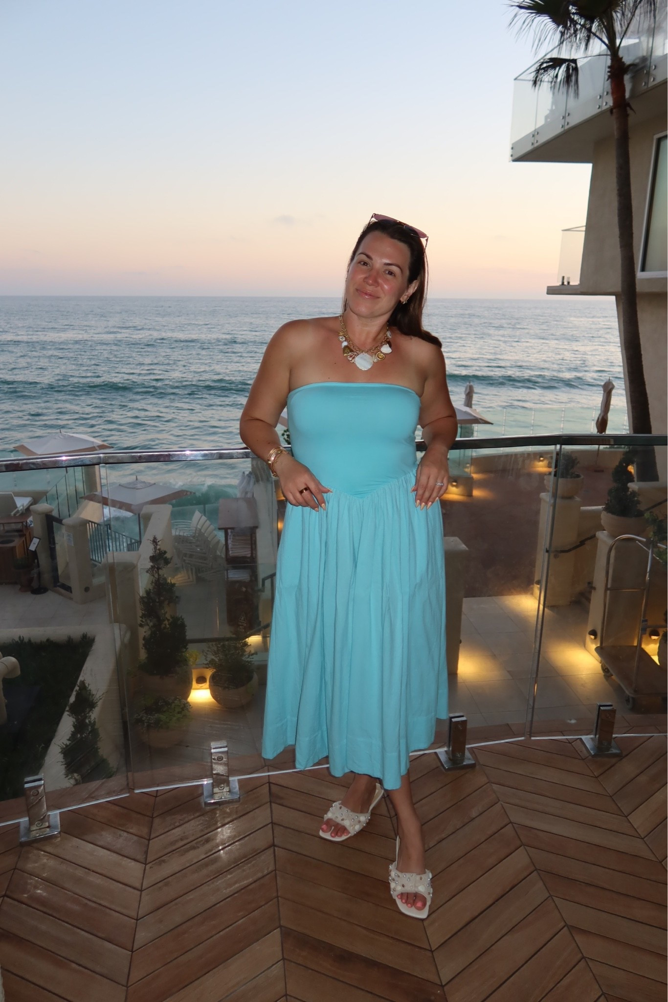 curvy midsize vacation outfit! wearing size medium in strapless aqua dress! love the fit!

#LTKMidsize #LTKTravel #LTKSeasonal