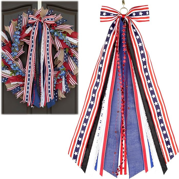 YKW Patriotic Bow Sash Wired Edge Large 27.5 Inch Red White Blue Ribbon for 4th of July Wreath Me... | Amazon (US)