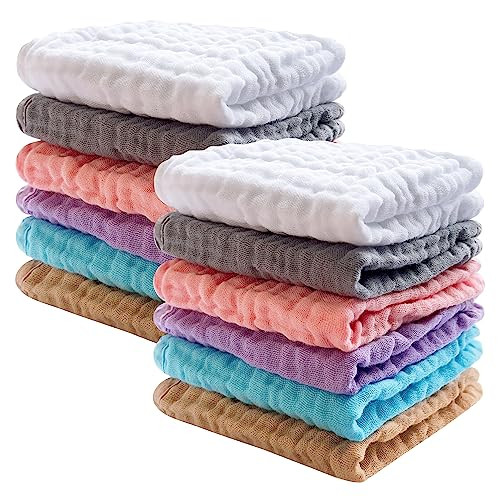 SWEET DOLPHIN 12 Pack Baby Muslin Washcloths - Soft Face Cloths for Newborn, Absorbent Bath Wash Cloths, Wipes, Burp Rag - Toddlers Essentials Stuff, Baby Registry as Shower -10"x10", Multicolor | Amazon (US)