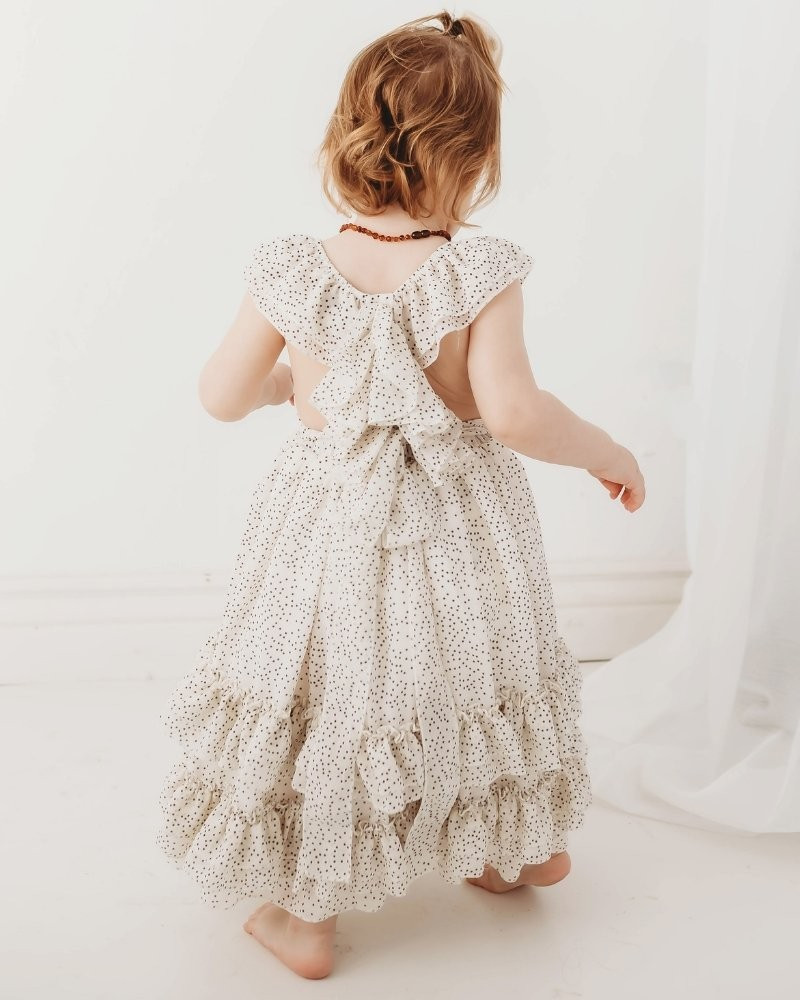 Nellie Ruffle Maxi Dress - White with Black Dots | Bailey's Blossoms