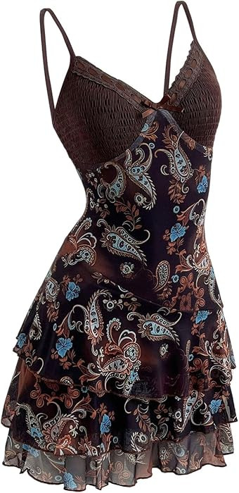 GORGLITTER Women's Y2k Boho Paisley Mini Dress Tiered Ruffle Gothic Dresses | Amazon (US)