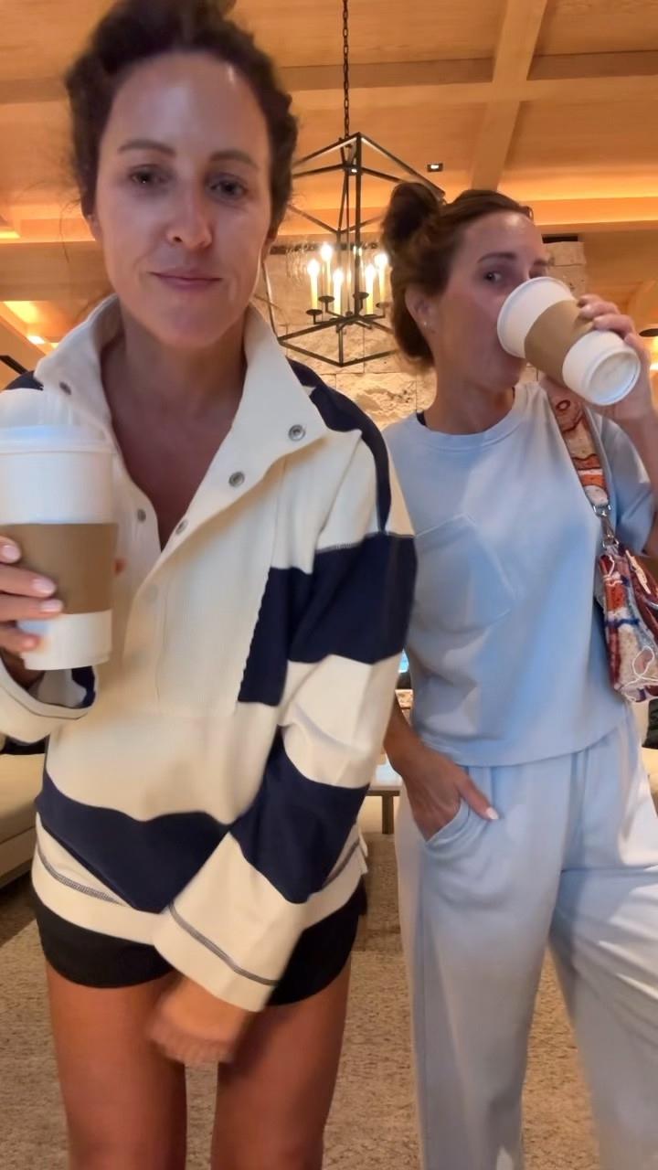 Coffee run morning Athleisure look. 
XXS (sized down) in stripe pullover
XS black shorts
XS matching set

#LTKmomlife #LTKgrwm #LTKOver40