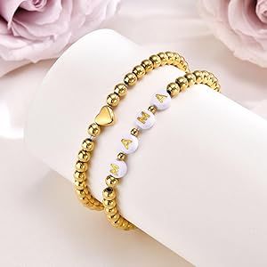 Trendy Gold Bracelets for Women : 2 Pcs 14k Gold Plated Stainless Steel Beaded Heart Mom/Daughter... | Amazon (US)