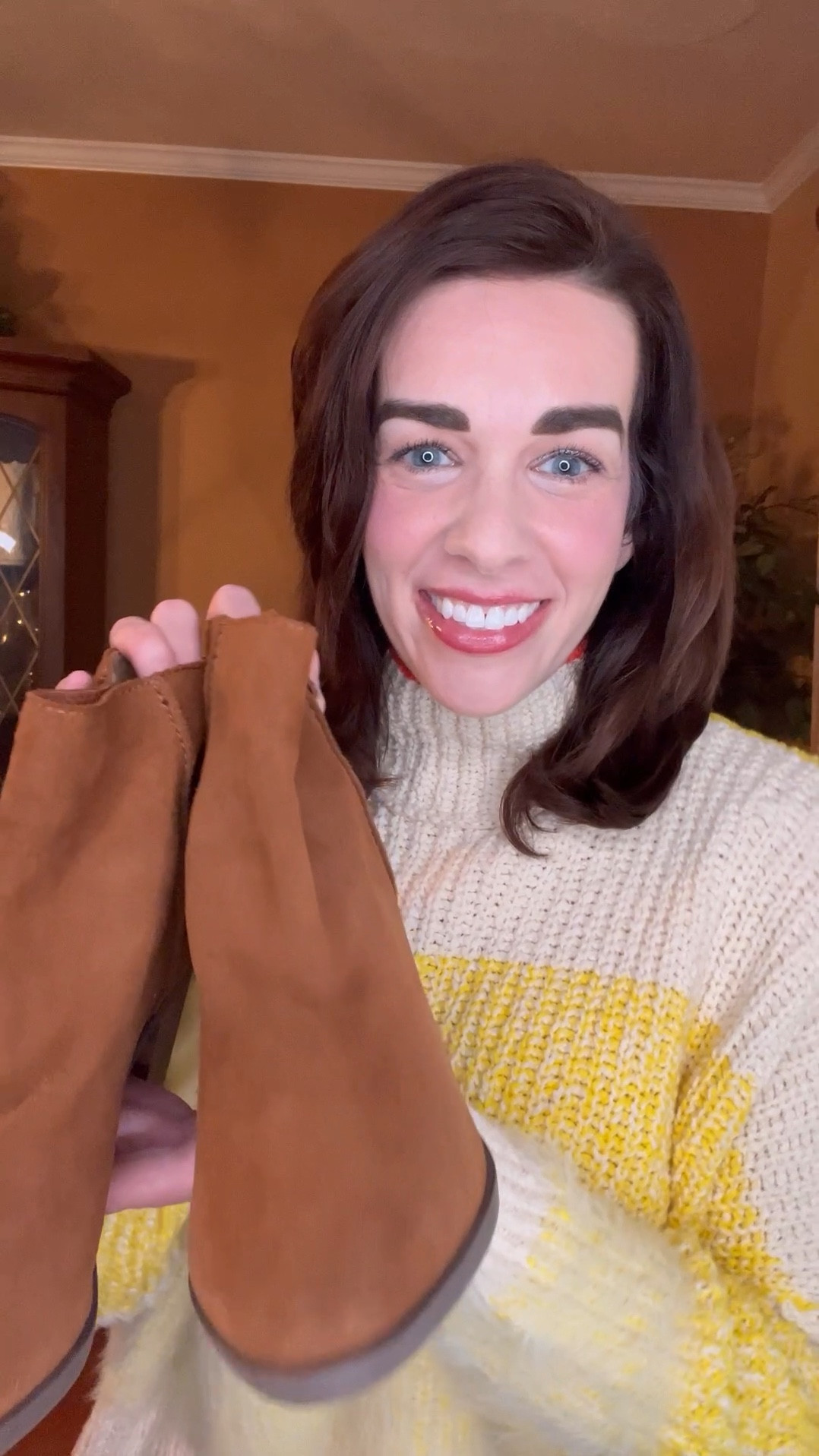 Yellow striped sweater (size small). Brown leather straight leg pants (size 27). Brown suede boots (size 8.5). #sweater #sweaters #yellowsweater #brownpants #pants #leatherpants #brownleatherpants #boots #brownboots #suedeboots 
Winter Outfits 

#LTKstyletip #LTKSeasonal #LTKfindsunder100