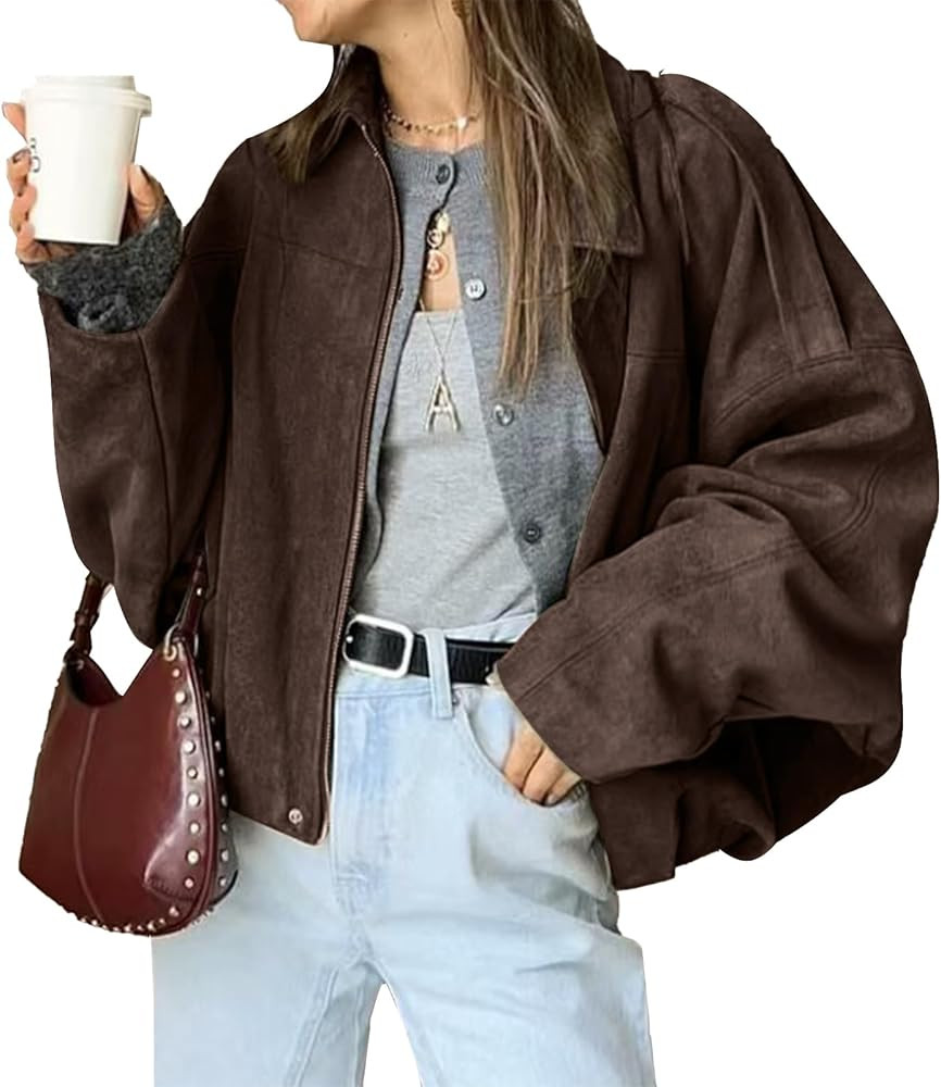HOTIAN Women's Faux Suede Bomber Jacket Zipper Pilot Coat Casual Lapel Oversized Long Sleeves Y2K... | Amazon (US)