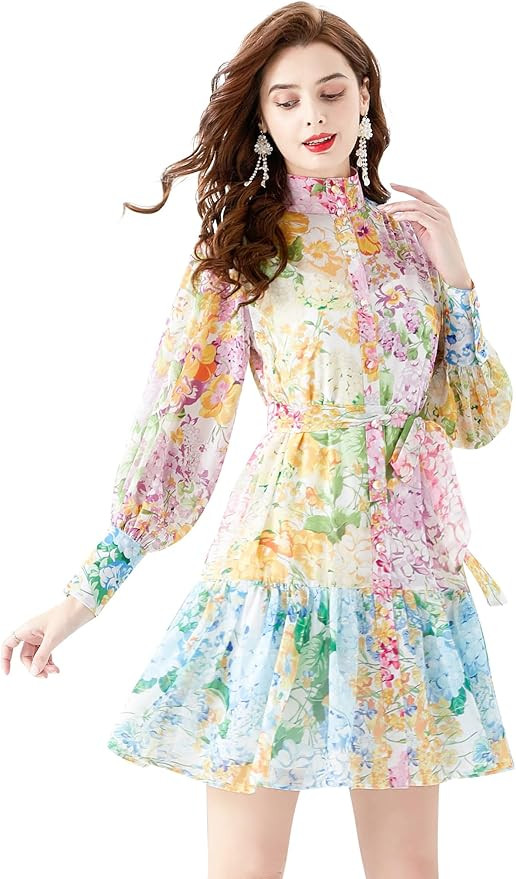 LAI MENG FIVE CATS Women's Summer Puff Sleeve V-Neck Floral Print Casual Swing Mini Dress | Amazon (US)