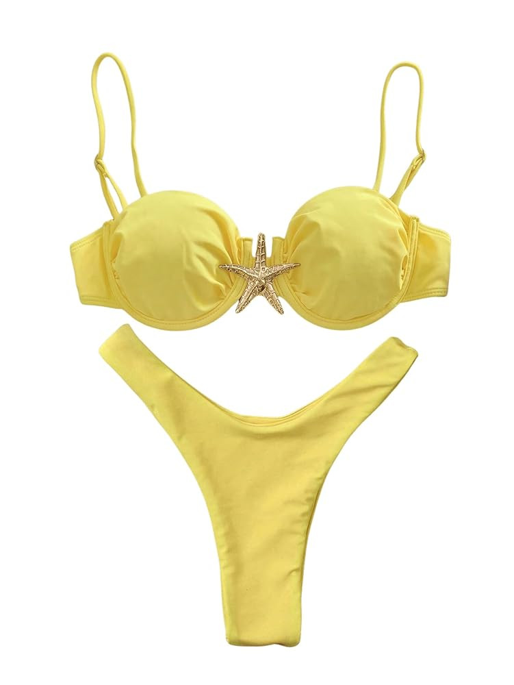 OYOANGLE Women's Bikini Set Starfish Ruched High Cut Thong Solid 2 Piece Beachwear | Amazon (US)