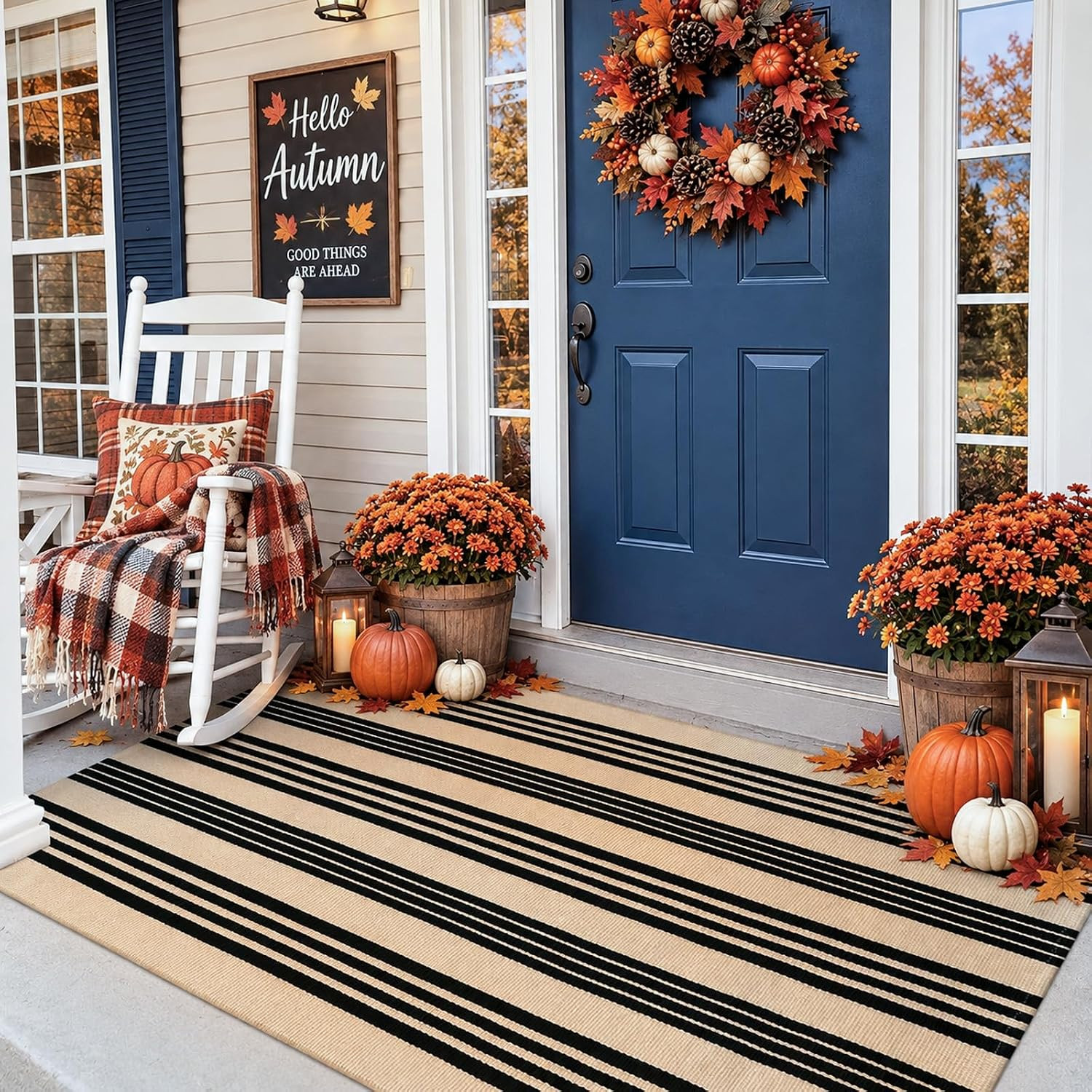 Striped Outdoor Rugs 3x5, Cotton Washable Fall Front Door Mat Decor | Amazon (US)