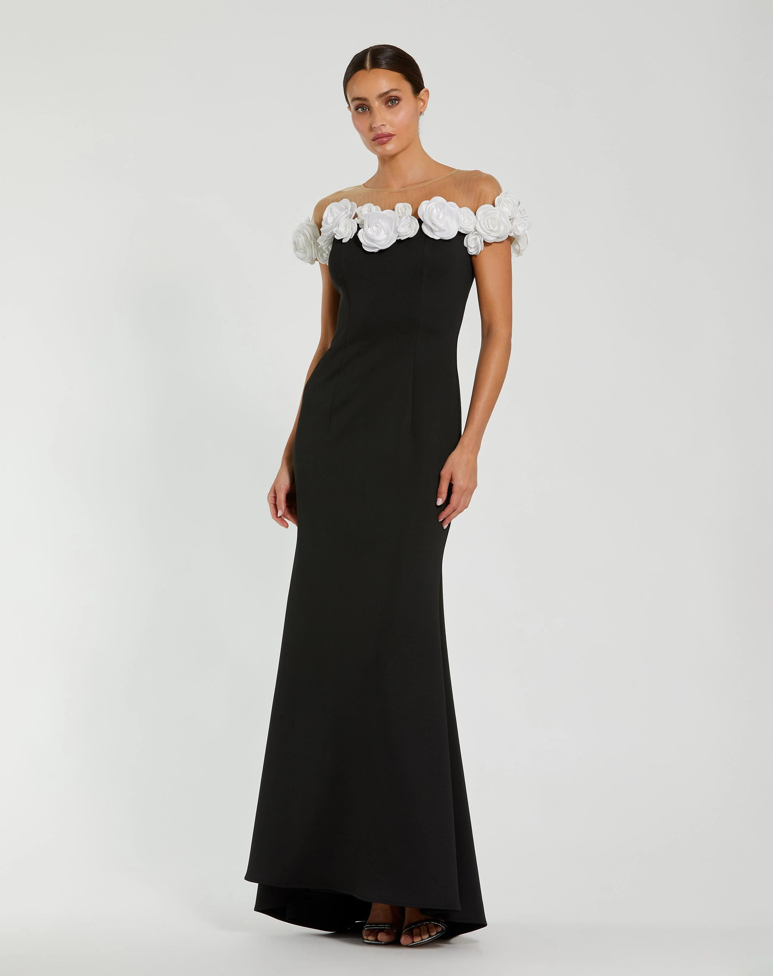 Black and White Stretch Crepe Mermaid Gown With 3D Flowers | Mac Duggal