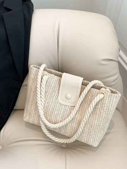 Medium Straw Bag Beige Button Decor Double Handle For Vacation | SHEIN