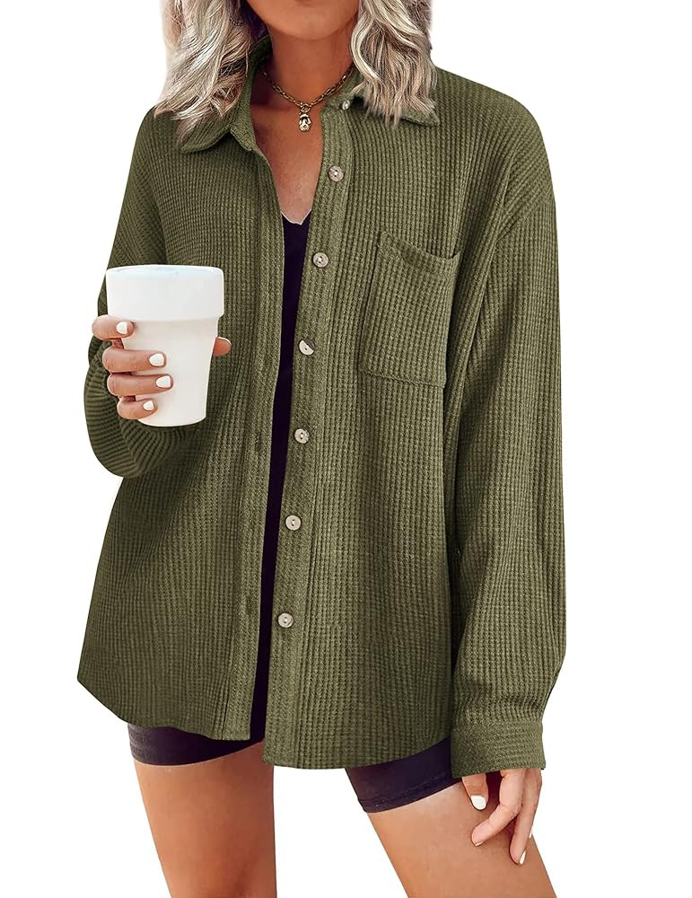 HOTOUCH Waffle Button Down Shirts for Women Dressy Casual Work Shacket V Neck Long Sleeve Lightwe... | Amazon (US)