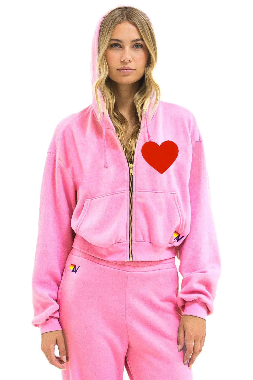 HEART STITCH RELAXED CROP ZIP HOODIE - NEON PINK | Aviator Nation
