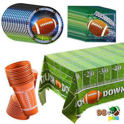 Syncfun 98 Pcs Football Party Supplies Set Serves 24 With 24 Cups, 24 Plates, 48 Paper Napkins, And 2 Tablecloth | SHEIN