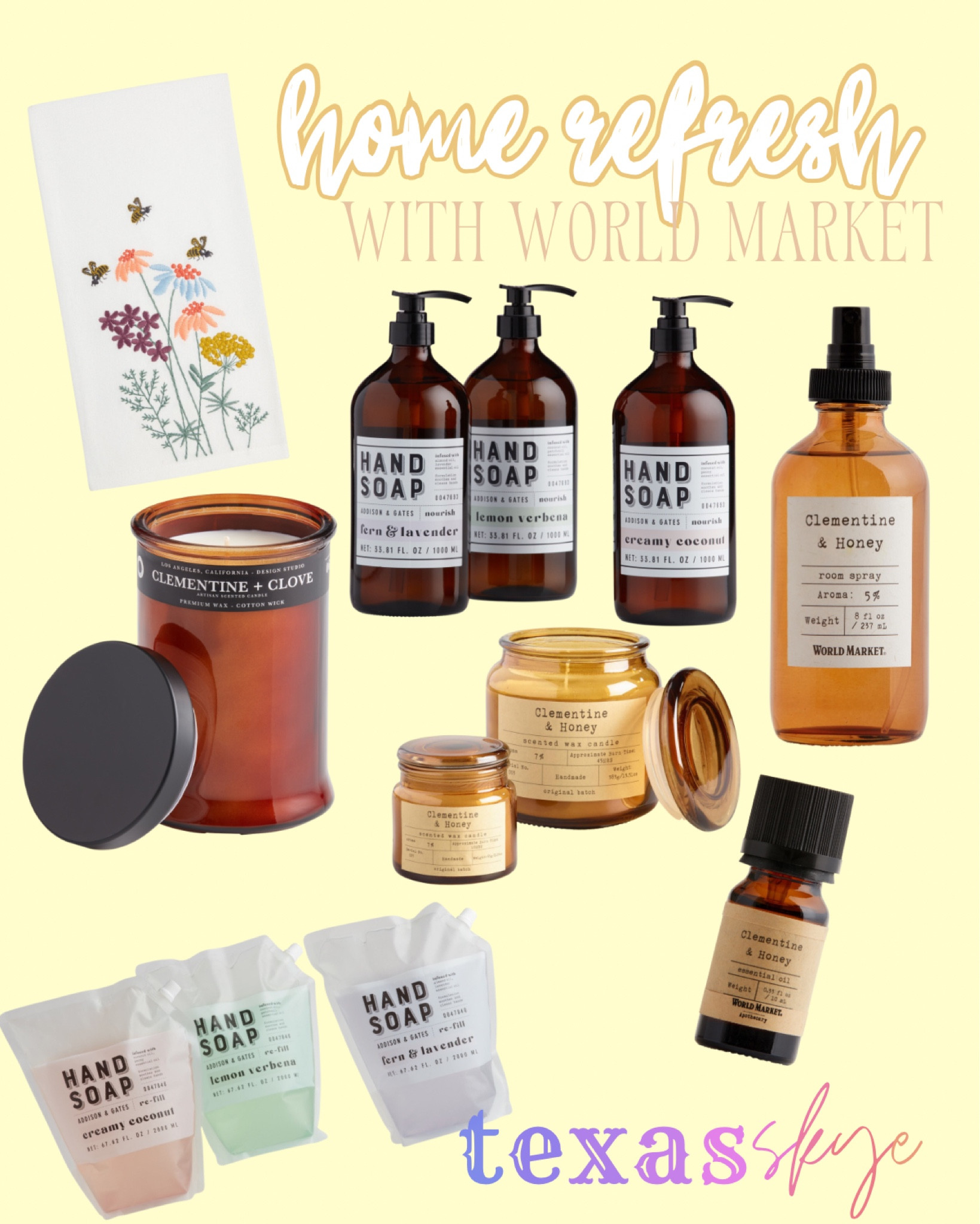 Home refresh with world market

Hand soap
Candles
Summer candles
Summer scent
Kitchen decor

#LTKunder50 #LTKhome #LTKunder100