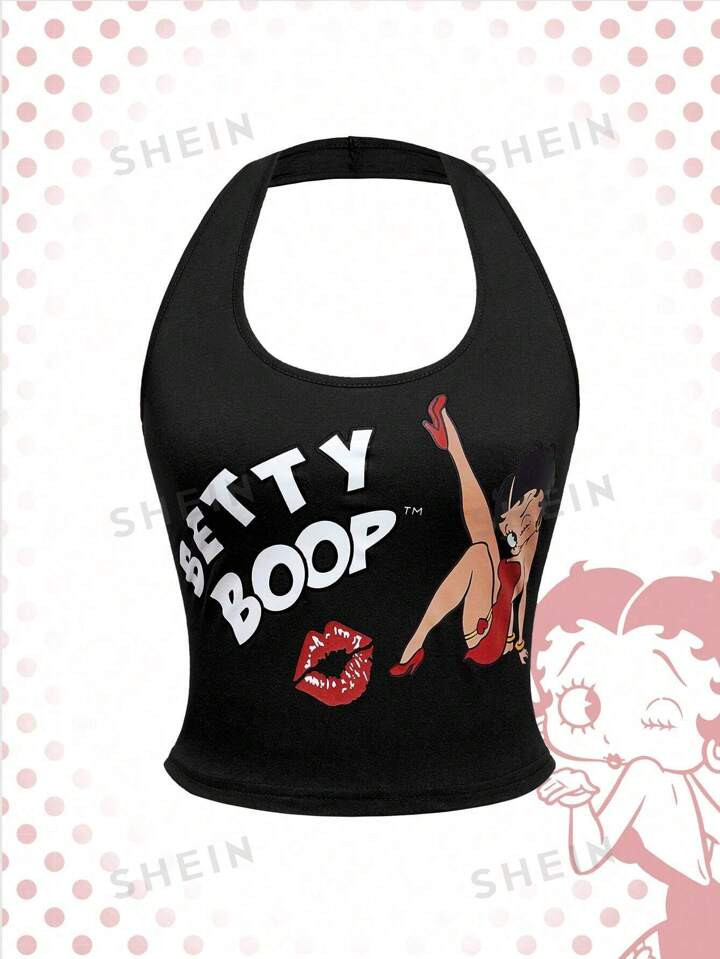 Betty Boop | ROMWE Women's Cartoon Character And Letter Print Halter Top For Summer | SHEIN