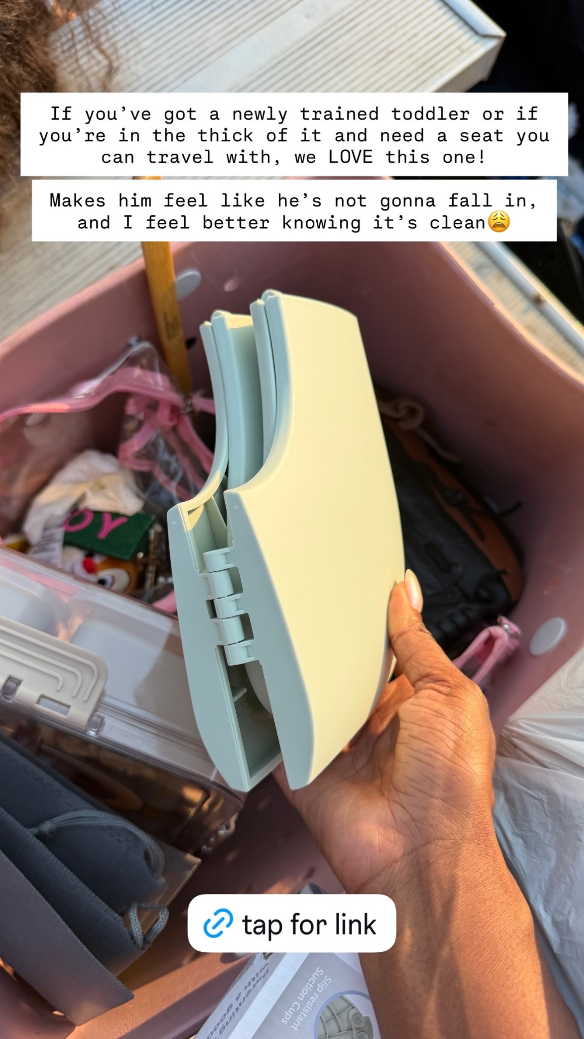 If you’ve got a newly trained toddler or if you’re in the thick of it and need a seat you can travel with, we LOVE this one!

Makes him feel like he’s not gonna fall in, and I feel better knowing it’s clean😩