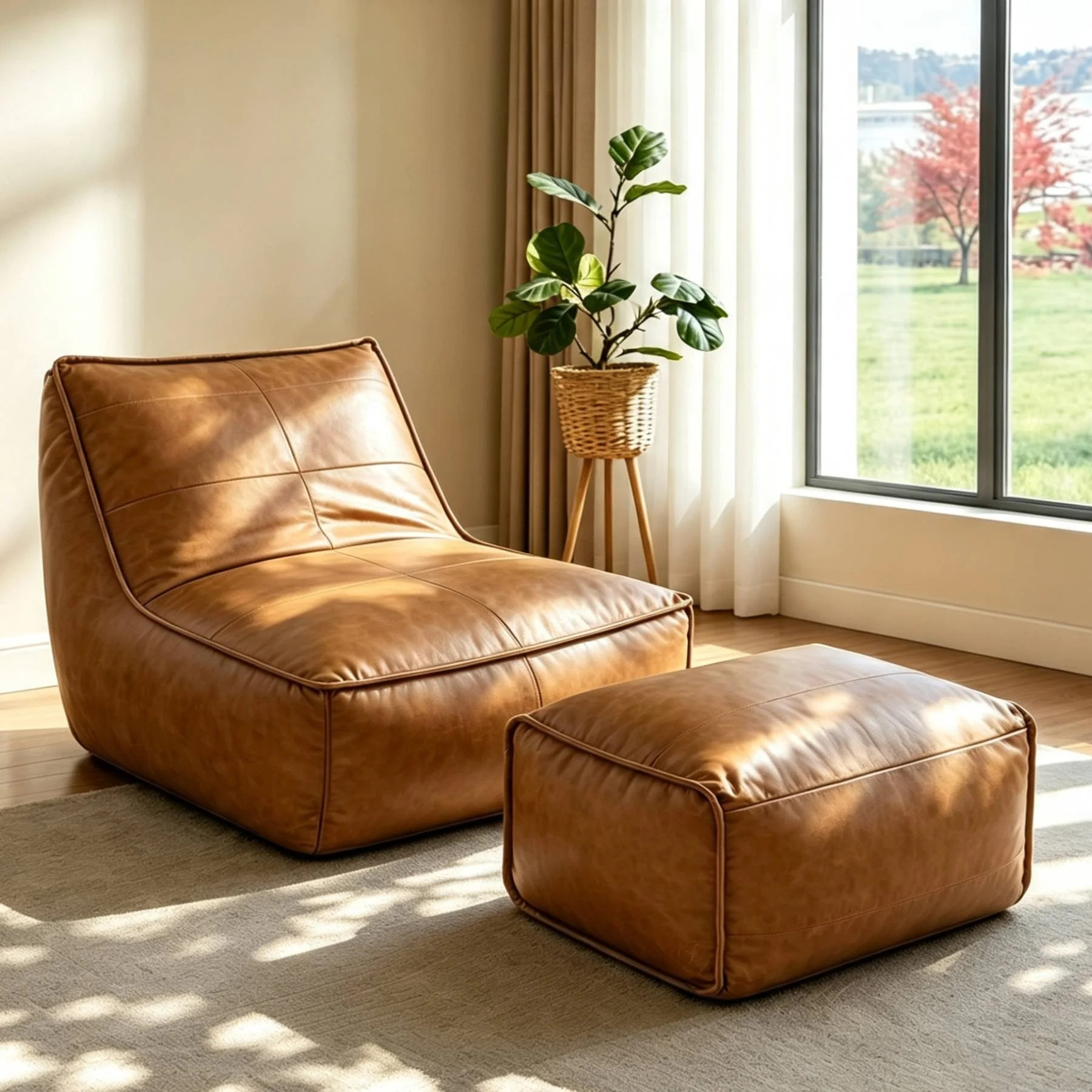 Luxury Faux Leather Bean Bag Floor Sofa with Ottoman | Wayfair North America