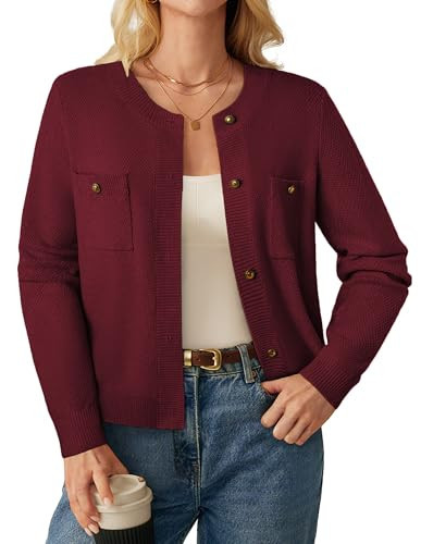 GRACE KARIN Women Long Sleeve Lightweight Crewneck Red Casual Cardigan Sweater Button Up Tweed Knit Cardigan Outwear M | Amazon (US)