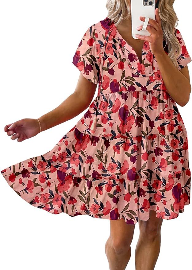 Dokotoo Womens Summer Casual Boho Floral Dresses V Neck Short Sleeve Flowy Swing A-Line Mini Dres... | Amazon (US)