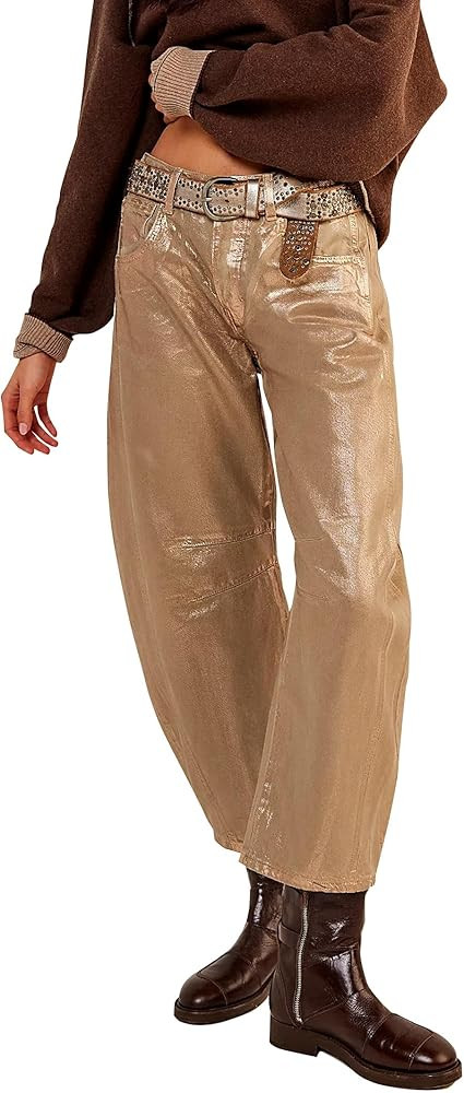 Ladyful Women's Metallic Barrel Jeans Mid Waist Vintage Wide Leg Denim Pants Sparkling Y2k Disco ... | Amazon (US)